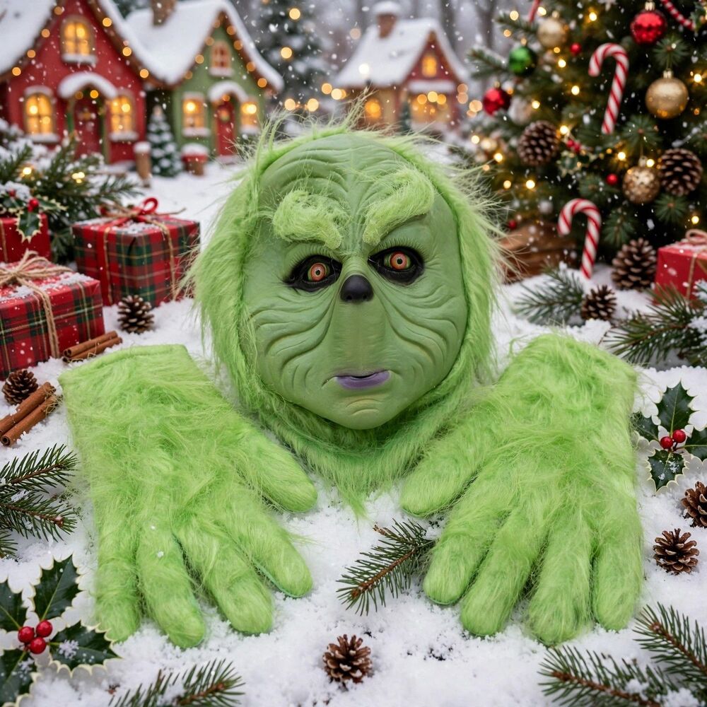 Grinch Halloween Mask with Green Hair and Matching Gloves New C245